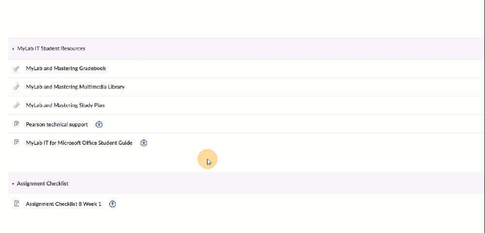 Student resources and assignment checklist interface.