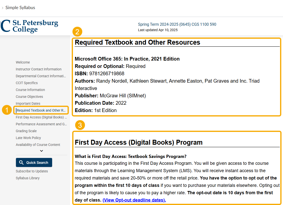 Syllabus page with textbook and program details.