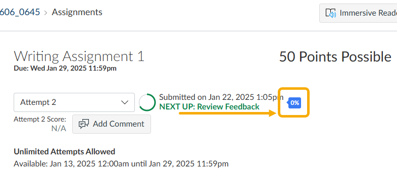 Writing assignment submission details and status.