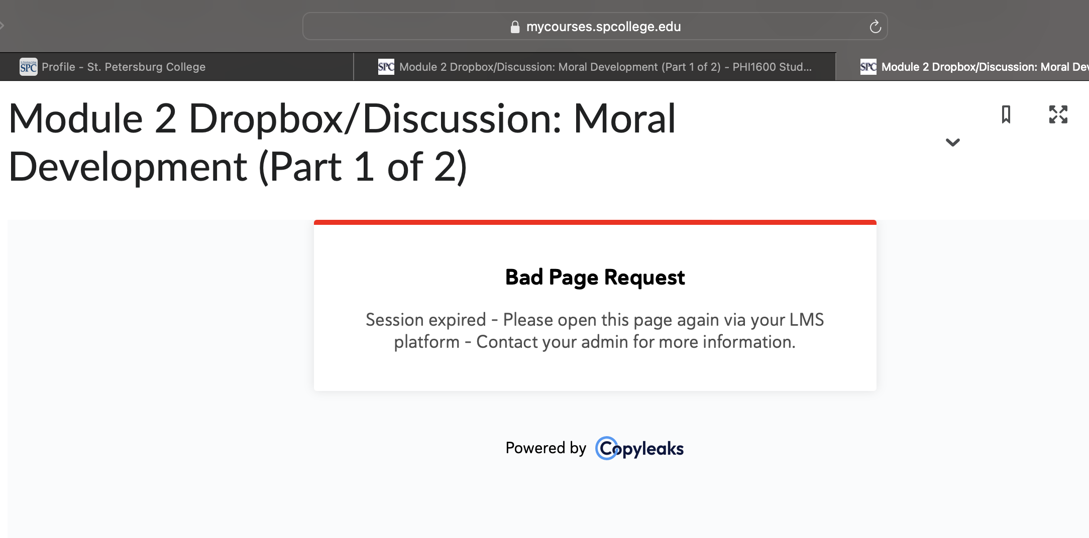 Session expired error message on a webpage.