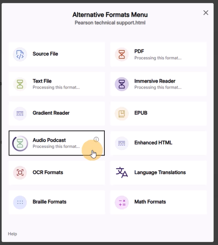 Click on Audio Podcasts in Alternative Formats window