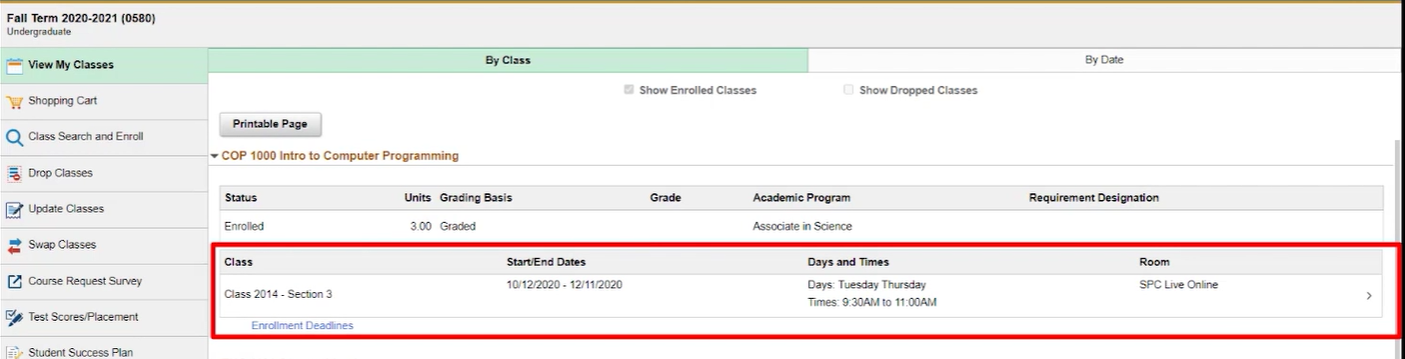 Class schedule for Computer Programming course.