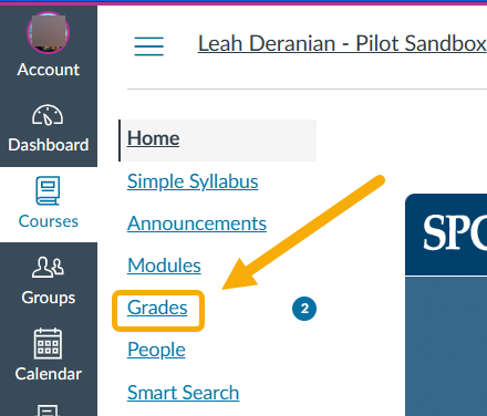 Navigation menu highlighting "Grades" option.
