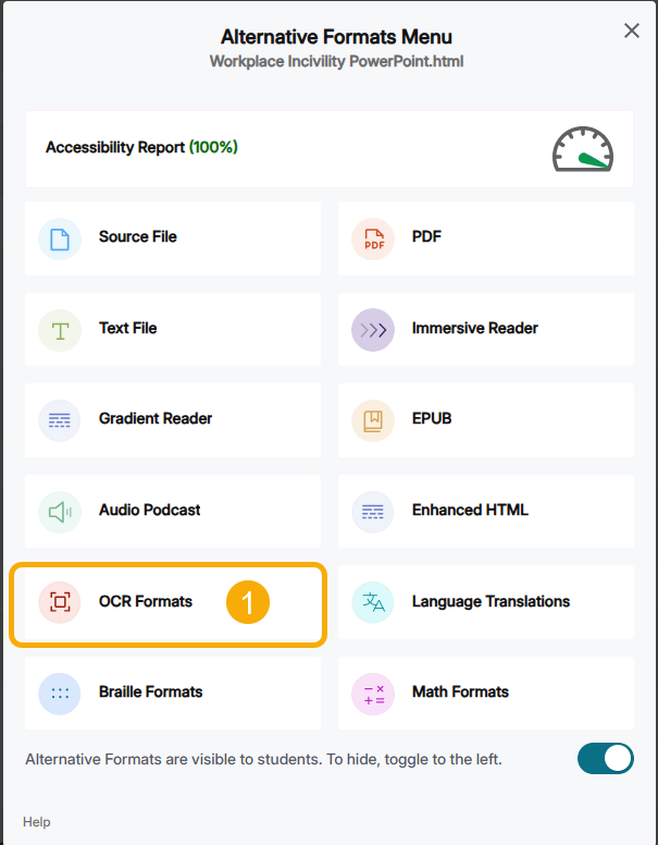 Alternative formats menu options for a PowerPoint.