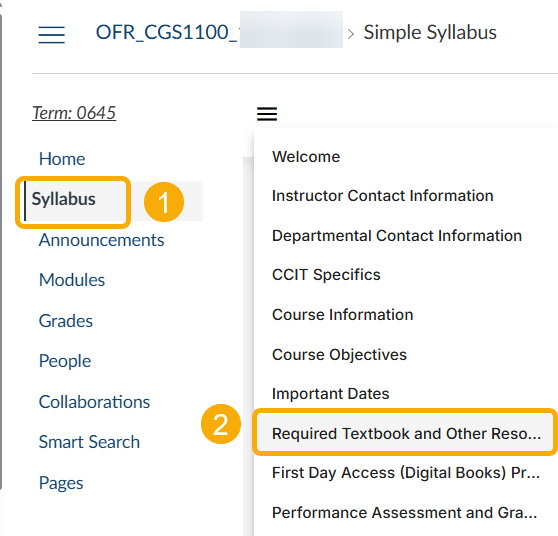 Syllabus navigation menu in an online course.