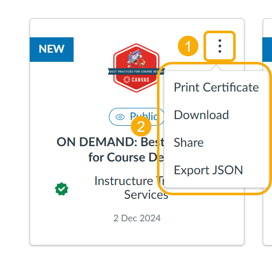 Course details with action menu options.