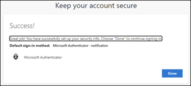 Account security setup success message.