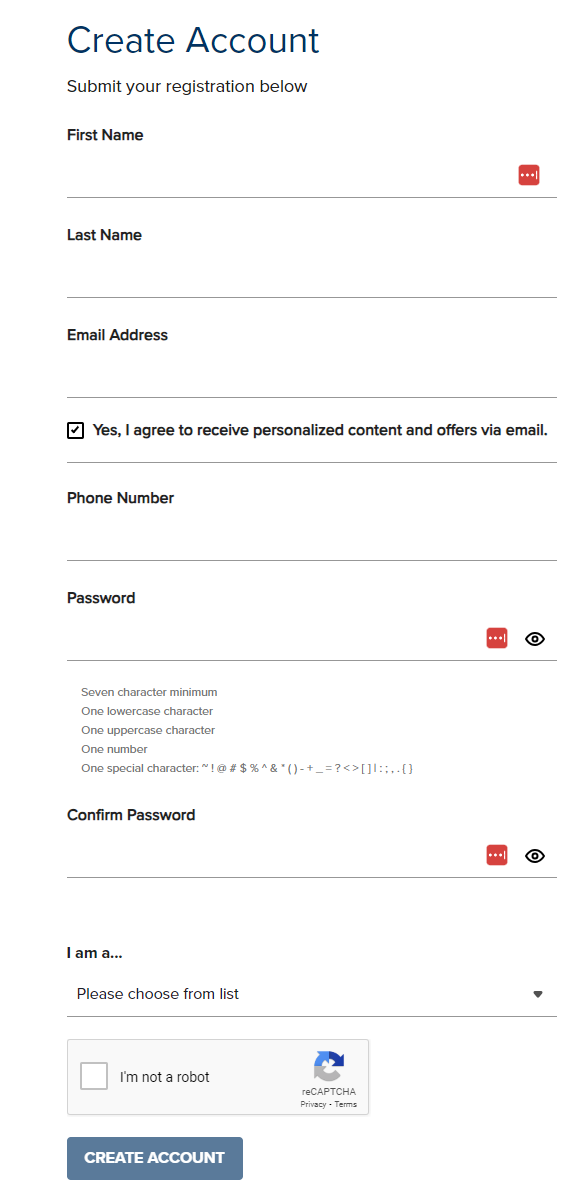 Account creation form with fields and instructions.