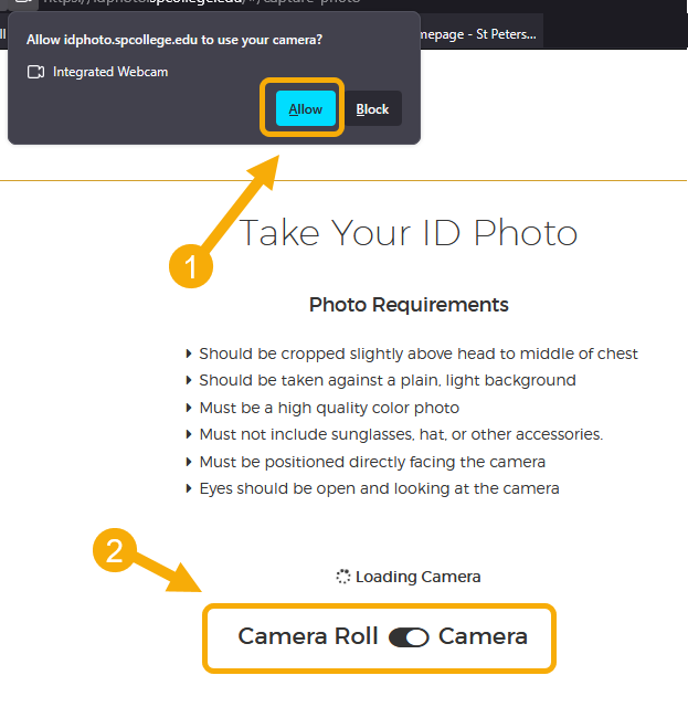 ID photo requirements and camera access prompt.
