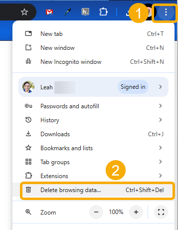 Browser menu with "Delete browsing data" option.