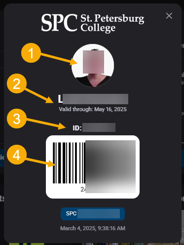 College ID card with personal details and barcode.