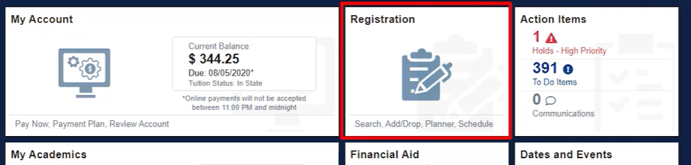 Registration section of a student portal.