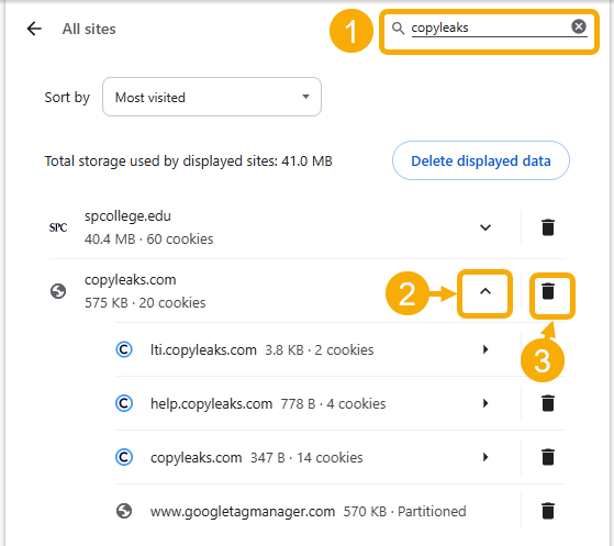 Browser settings showing cookie data for copyleaks.com.
