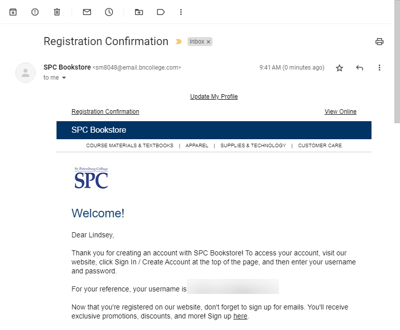 Registration confirmation email from SPC Bookstore.
