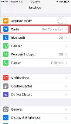 Wi-Fi settings showing "Not Connected" status.