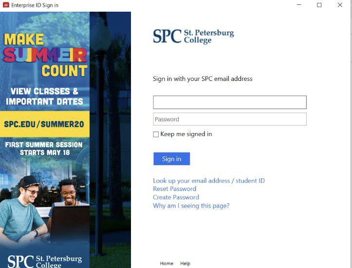SPC sign-in page with summer session details.