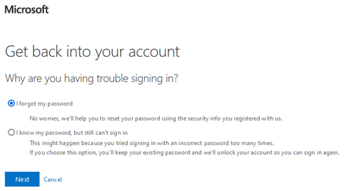 Microsoft account recovery options screen.