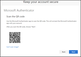 Microsoft Authenticator QR code setup screen.