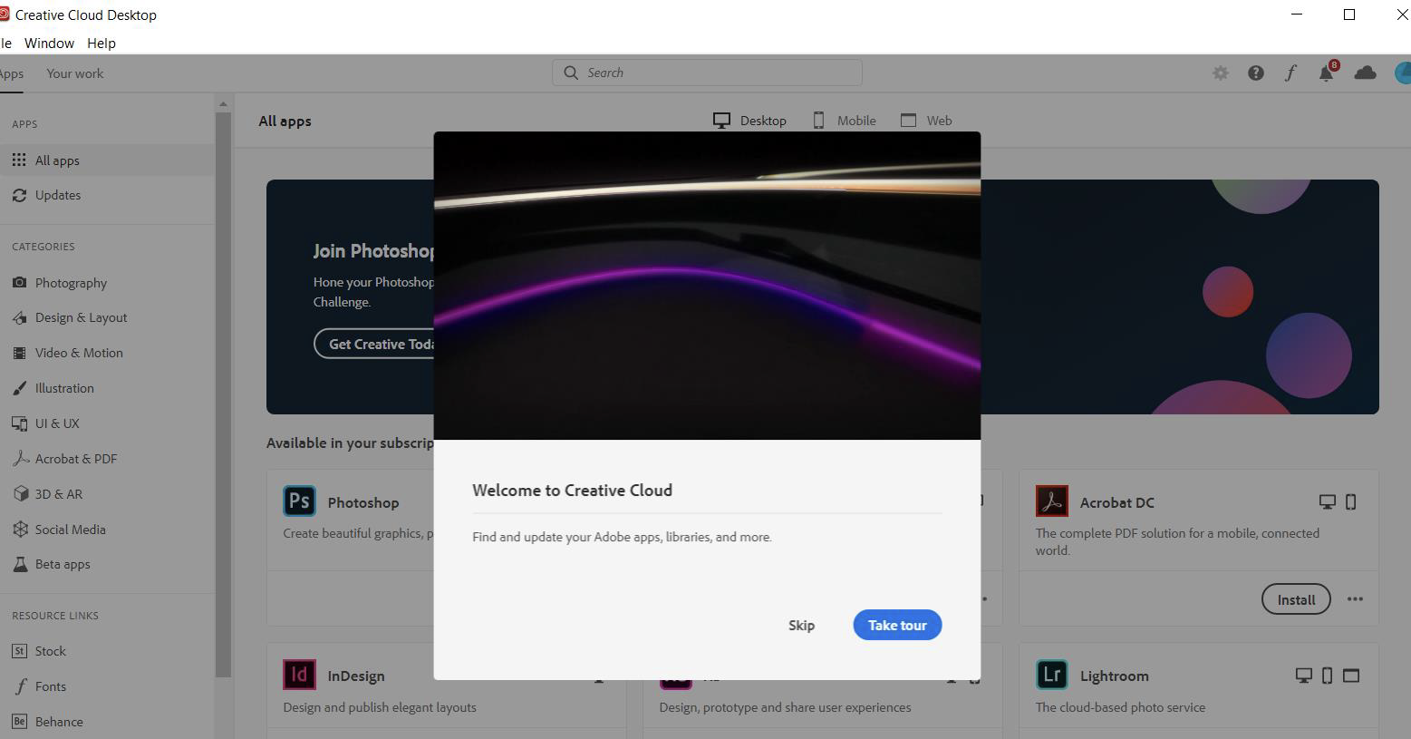 Creative Cloud Desktop interface with welcome message.