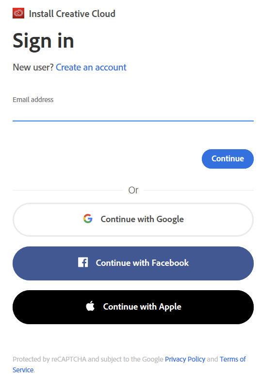 Creative Cloud sign-in page with options.