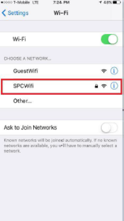 Wi-Fi settings screen showing available networks.