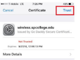 Certificate trust settings on a mobile device.