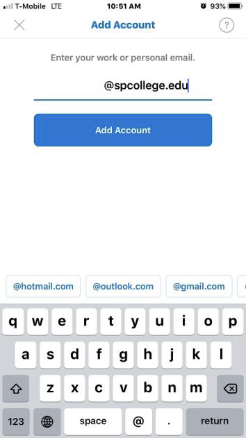 Email account setup screen on a mobile device.