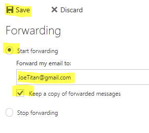 Email forwarding settings interface.
