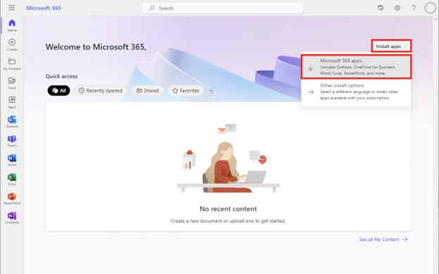 Microsoft 365 welcome screen with app options.