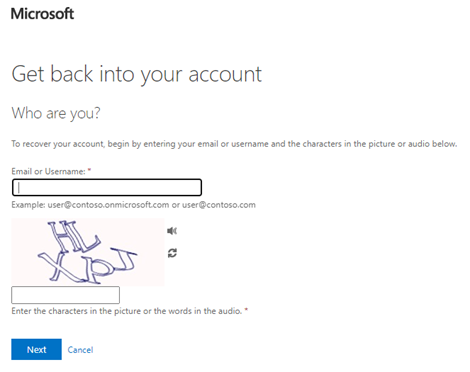 Account recovery form with CAPTCHA verification.