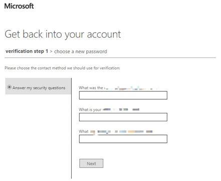 Microsoft account recovery screen with security questions.