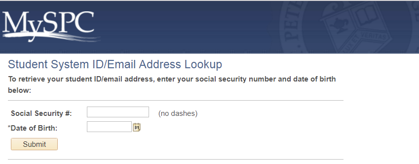 Student ID/email address lookup form.