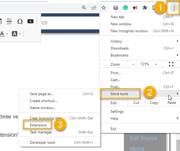 Browser menu with extensions options highlighted.