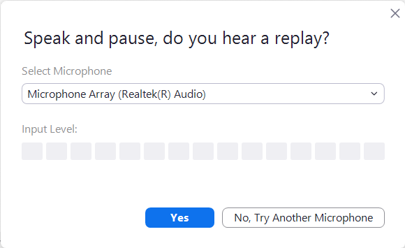 Microphone selection interface with input level.