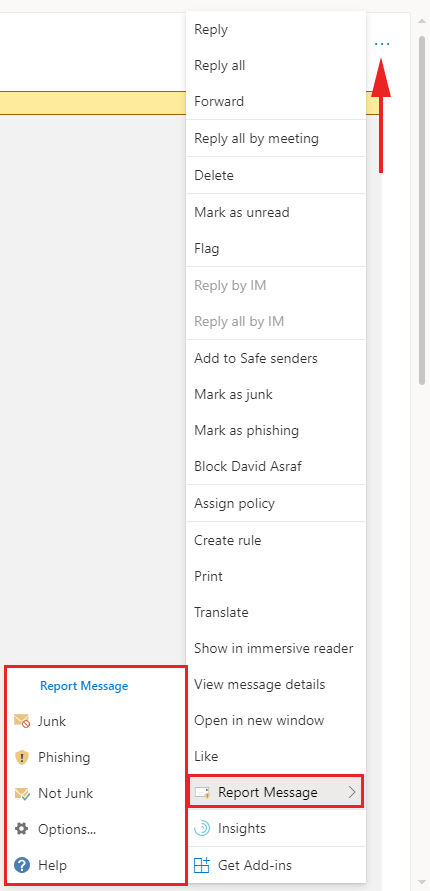 Email options menu with report message section.