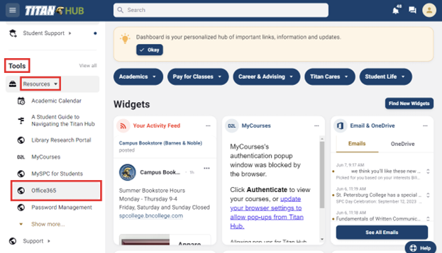 Titan Hub dashboard with tools and resources menu.