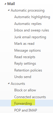 Mail settings menu with "Forwarding" highlighted.