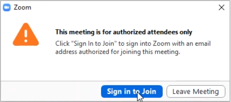 Zoom meeting authorization alert message.