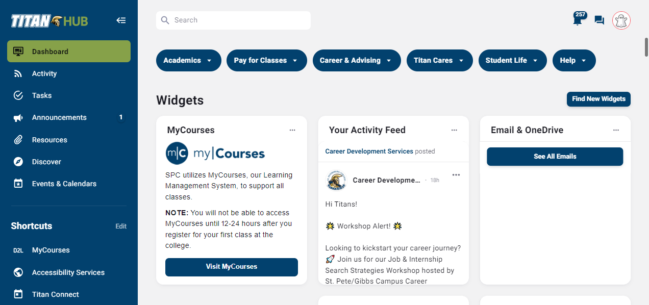 Dashboard of an online learning platform.