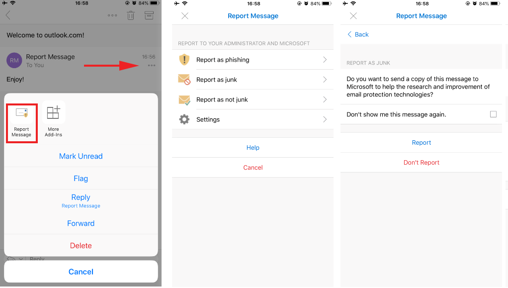 Email interface showing report message options.