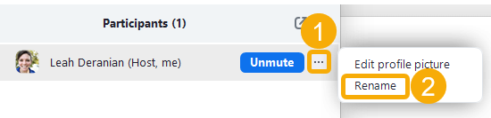 Profile settings menu with participant details.