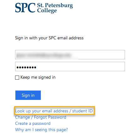 Login page for St. Petersburg College.
