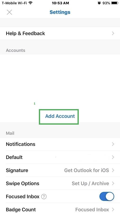 Settings menu with "Add Account" option highlighted.