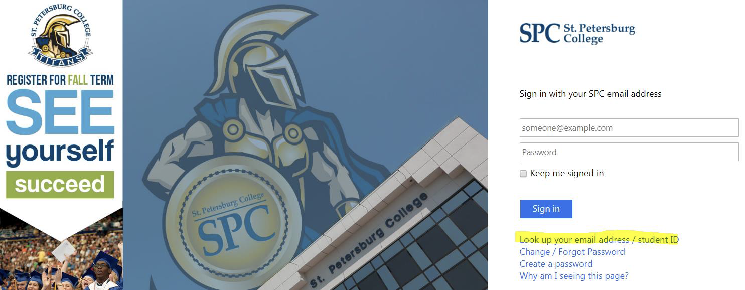 St. Petersburg College login page with logo.