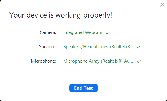 Device test results: camera, speaker, microphone OK.