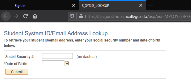 Student ID/email address lookup form.