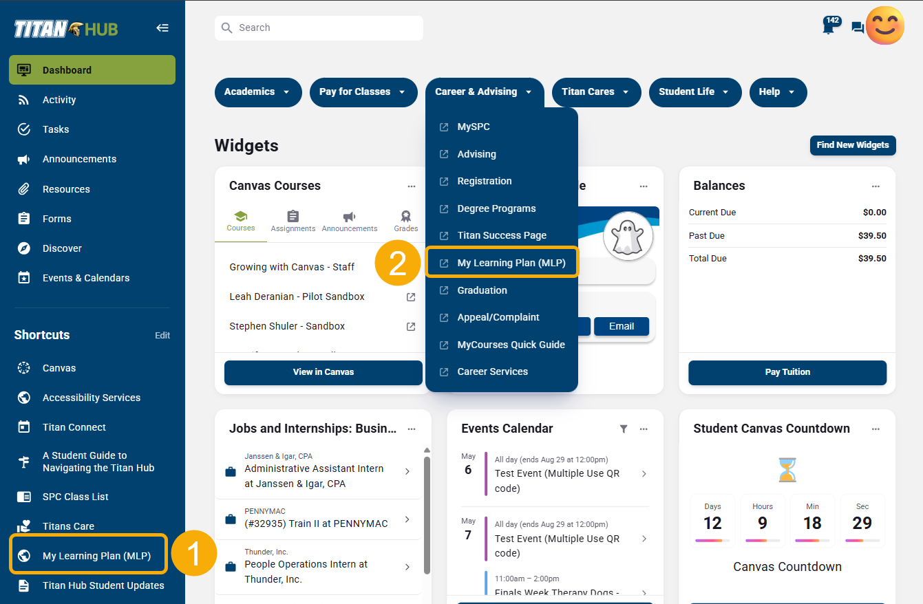 Titan Hub dashboard with course and balance details.