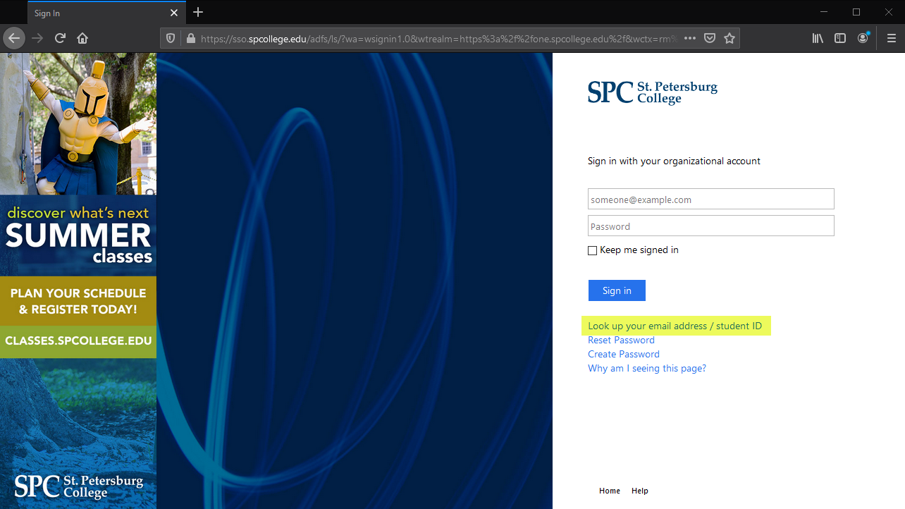 Login page for St. Petersburg College.