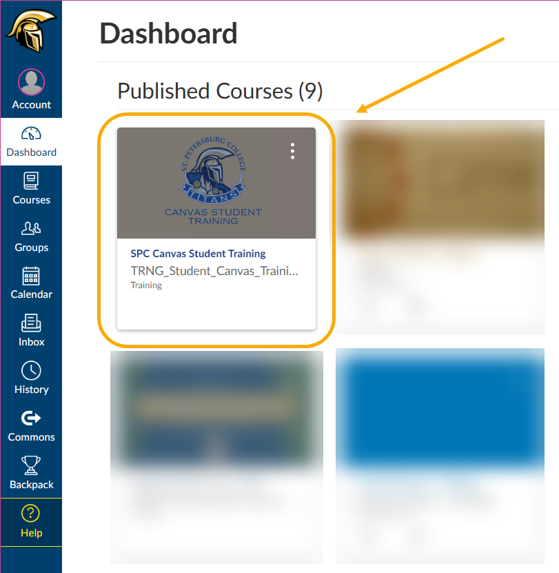 image of Canvas with the SPC Canvas Student Training course circled to click on