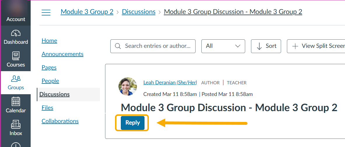 Discussion board interface with a reply button.